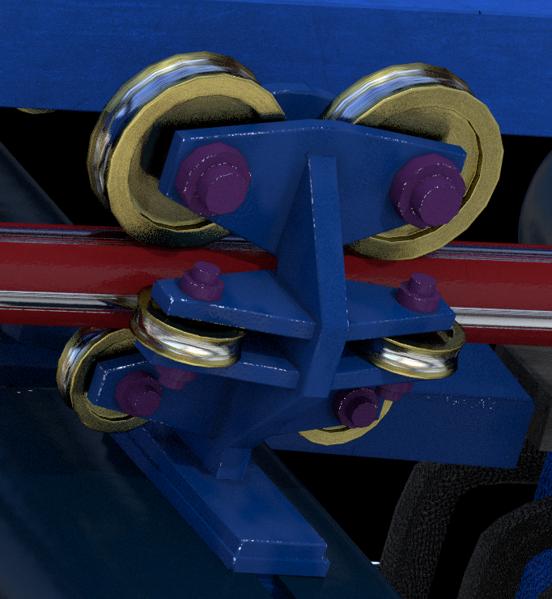 A 3D render of a some rollercoaster wheels on a rollercoaster rail. The wheels are gold coloured with purple nuts and bolts, the rail is red and the rollercoaster is blue.